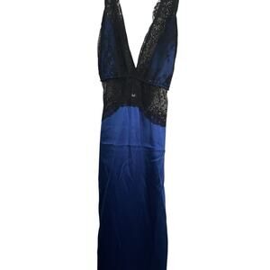 NWT Frederick's of Hollywood Blue Black Lace Satin Glossy Slit Maxi Gown Size M